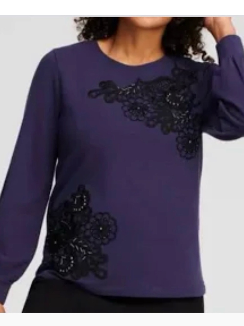 Chico’s Navy Blue Embellished Lace Applique Top Size 2 Large